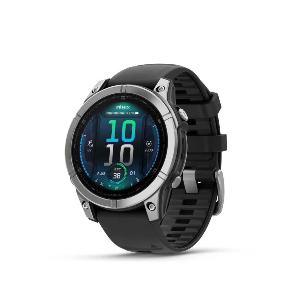 Garmin fēnix® E – 47 mm, AMOLED, mit QuickFit®-Silikon-Armband 22 mm, Sportuhr, Schwarz/Silber